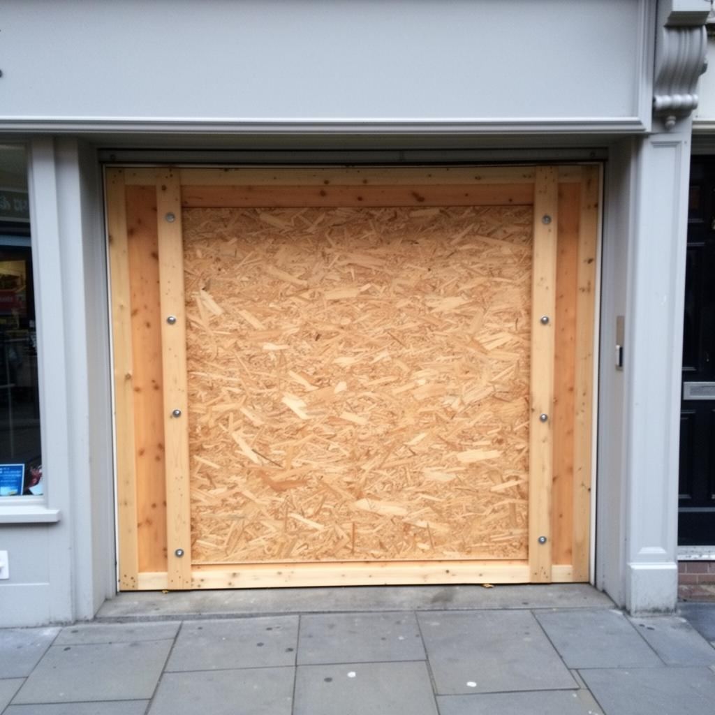 Shopfront window neatly boarded up with plain plywood panels