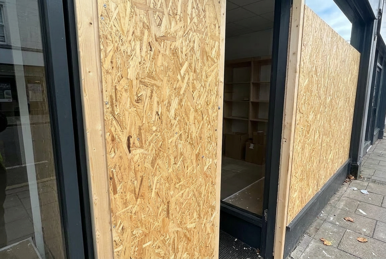 Residential ground floor window covered with plywood boards
