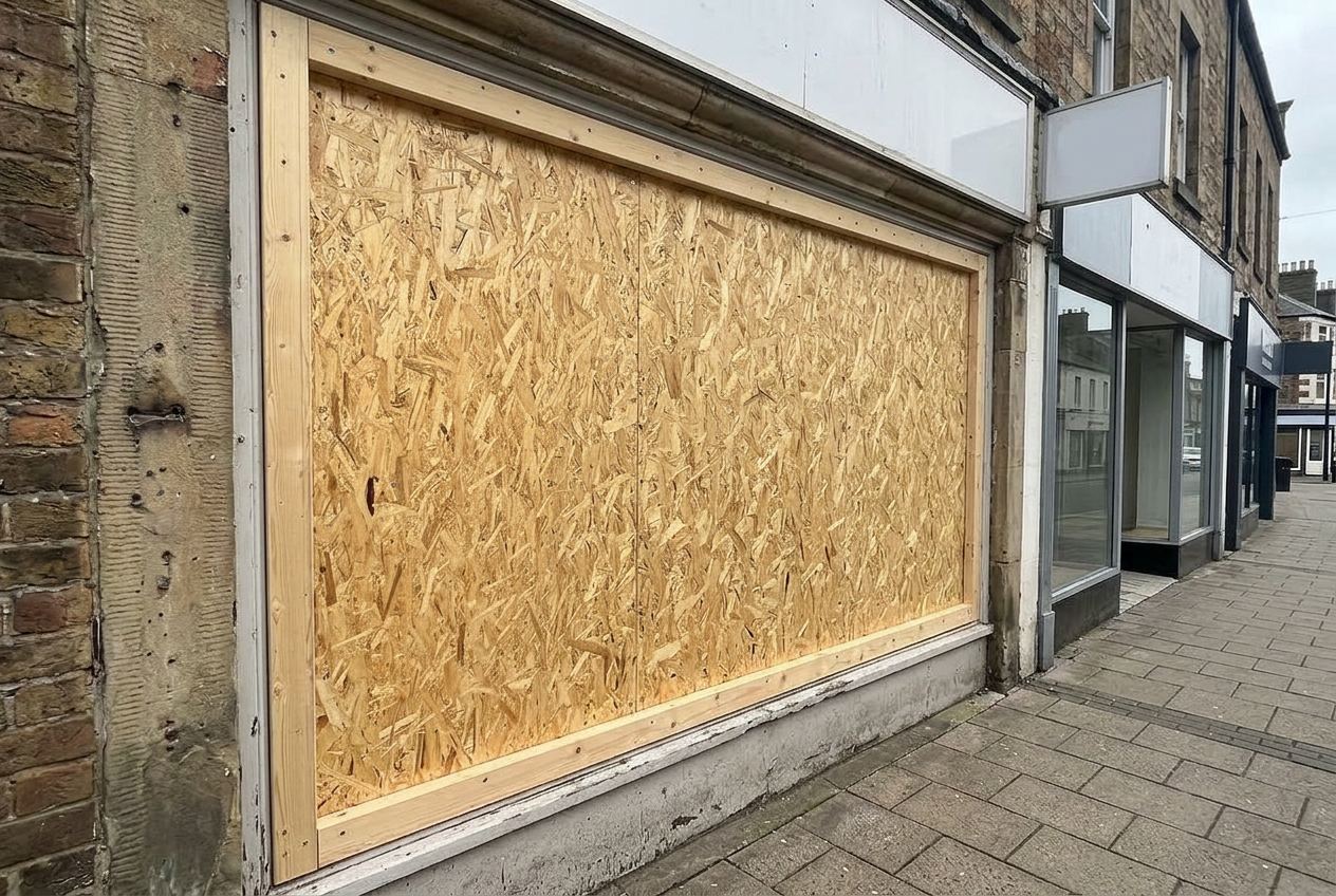 Commercial doorway and window boarded up with plywood