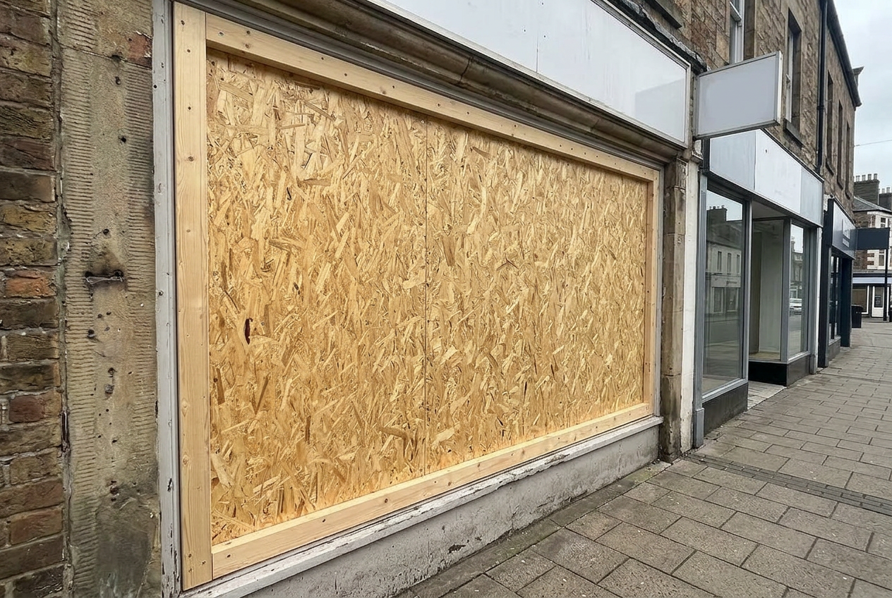 Commercial doorway and window boarded up with plywood