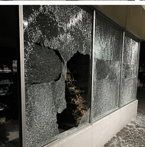 Broken shop window with glass on pavement