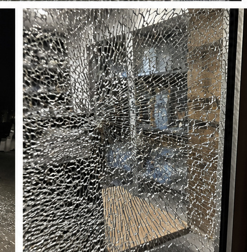 Shattered glass panel with view through to interior