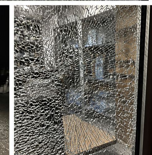 Shattered glass panel with view through to interior