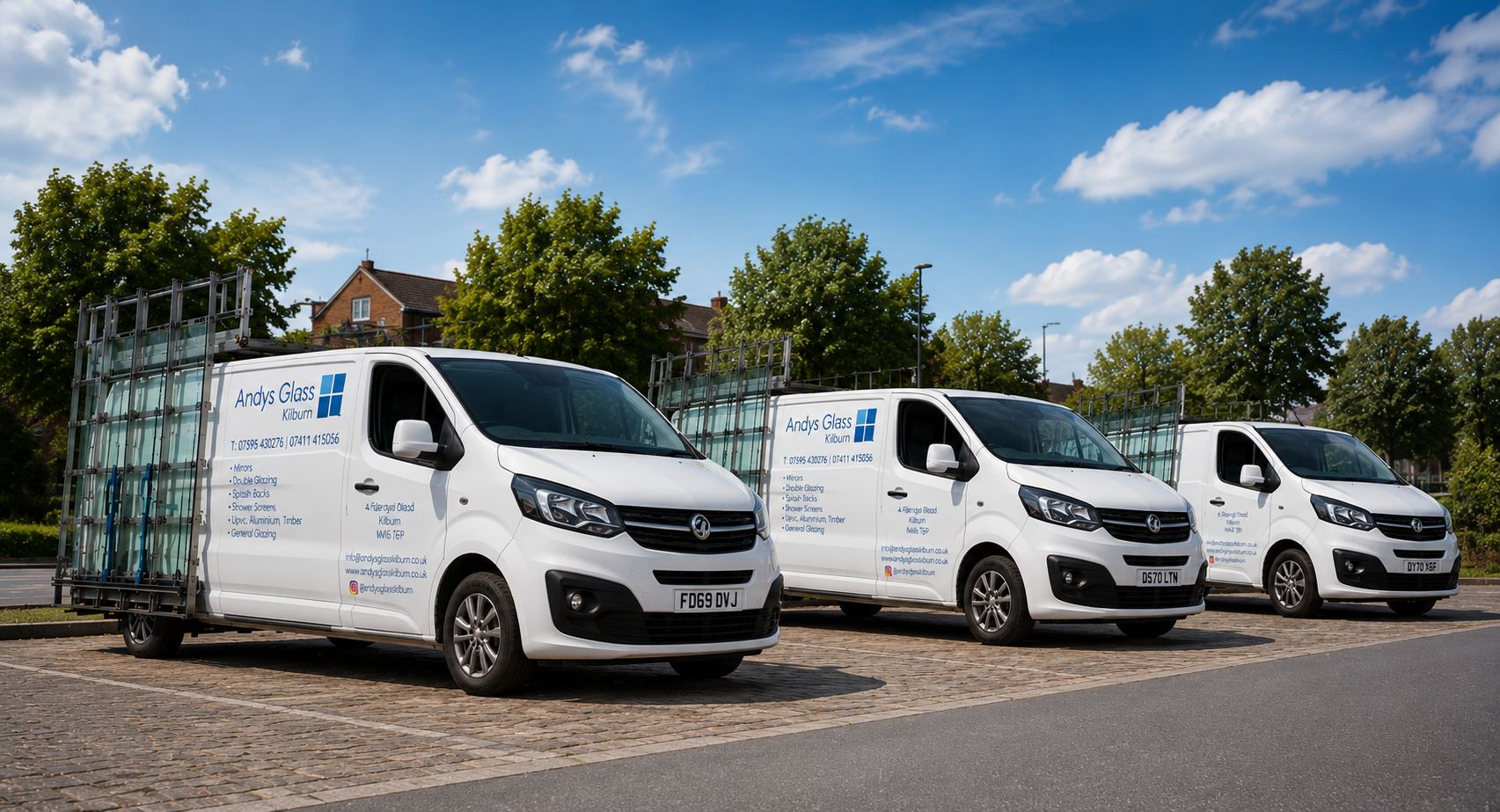 Andy's Glass Kilburn fleet of branded vans loaded with glass