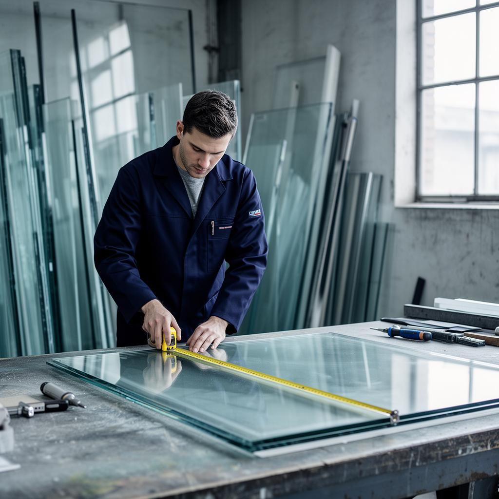 Glazier measuring a window opening for a replacement unit