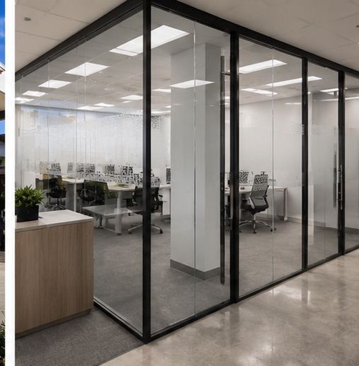 Interior glass office partition with black framed glazing