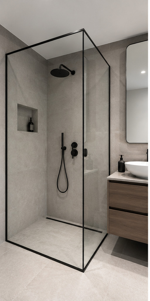 Frameless black-framed corner shower enclosure in modern bathroom
