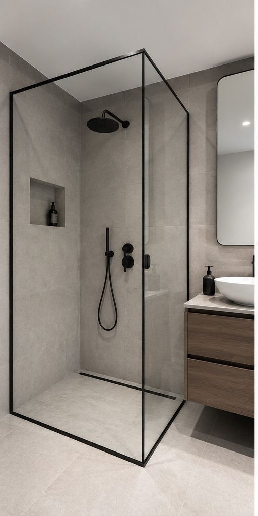 Frameless black-framed corner shower enclosure in modern bathroom