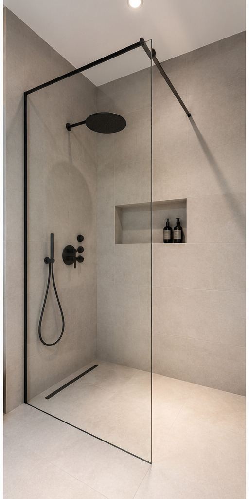 Walk-in wet room shower screen with black trim