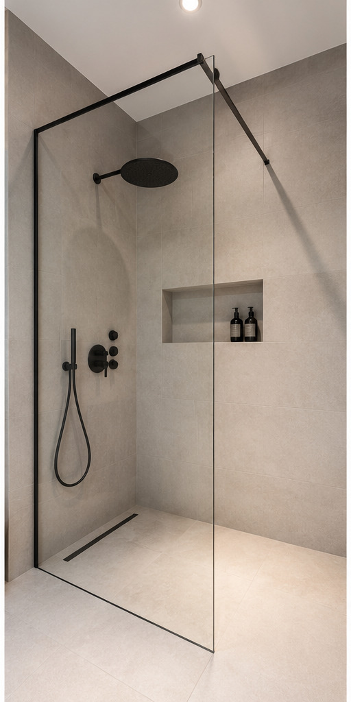Walk-in wet room shower screen with black trim