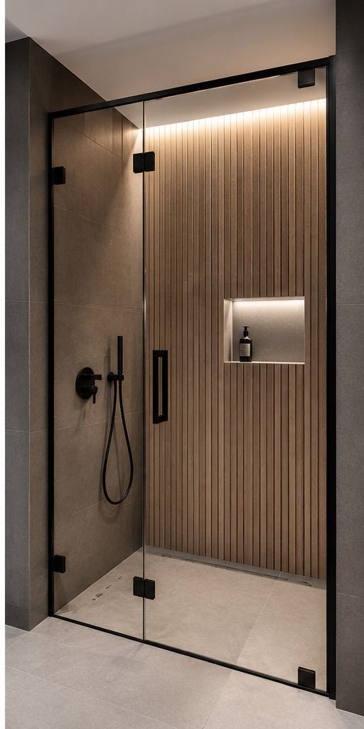 Hinged frameless shower door with timber feature wall